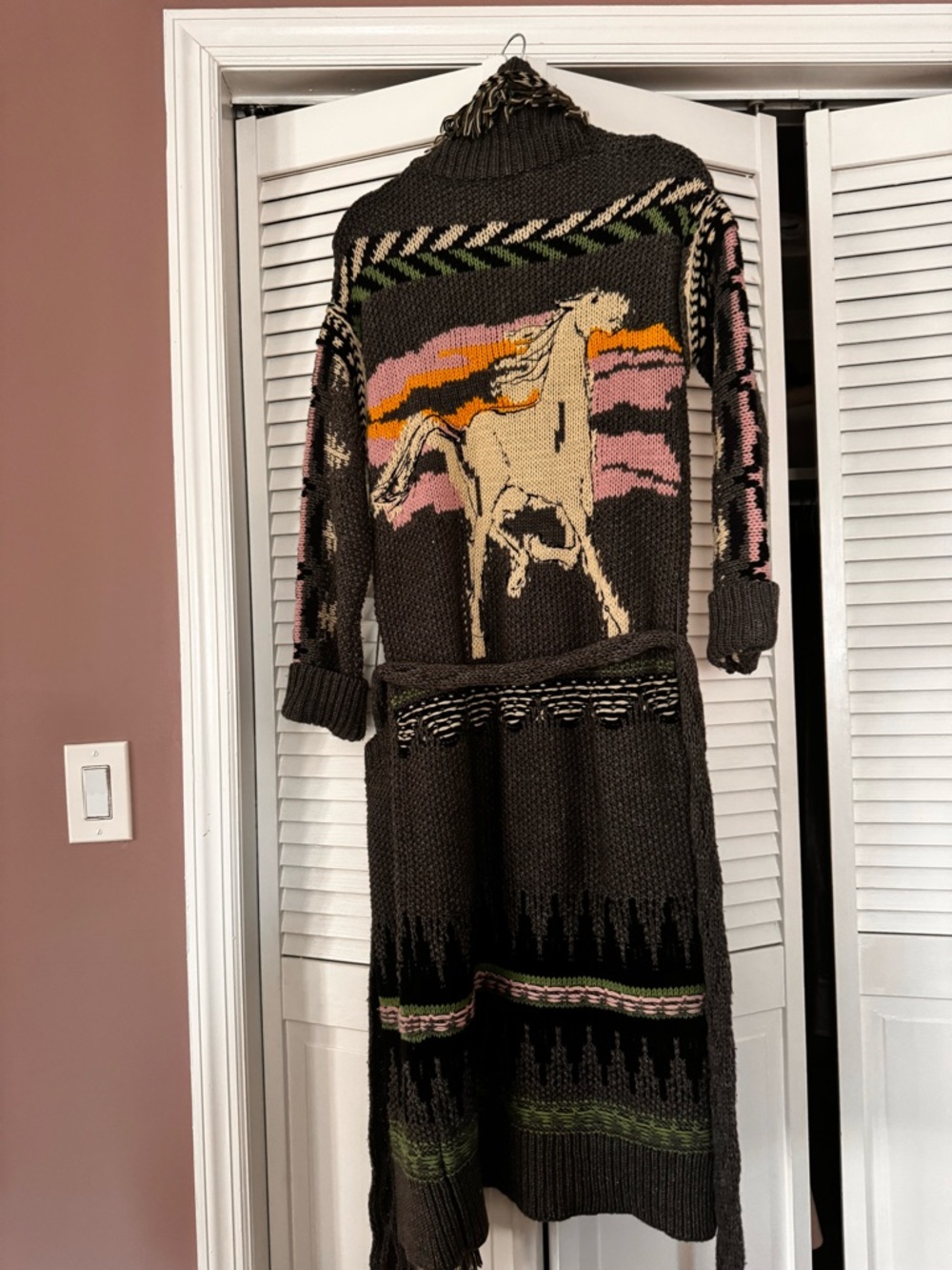 ZAD Dark Brown Long Knit Cardigan with Cream Horse and Sunset Stripes